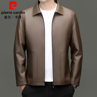 Pierre cardin high-end leather jacket men's autumn and winter new lapel leather jacket middle-aged dad business casual cycling pu leather jacket coffee color 2xl (185)