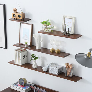 Aibiju solid wood wall storage rack one-word partition wall bookshelf set-top box storage rack walnut color 90*15cm