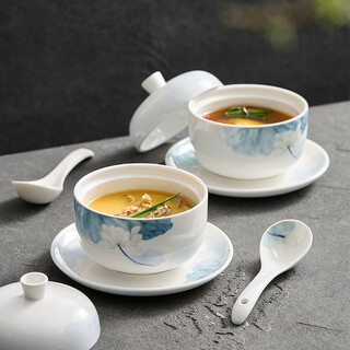 Chidu bird's nest stew pot, water-proof stew household ceramic stew pot with lid, soup cup for one person, special bowl for steamed egg custard, fish maw bowl, steaming cup, magnificent stew pot (with plate) + spoon - moonlight over lotus pond