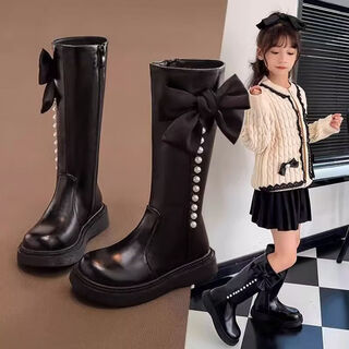 Muni girls boots children's long boots 2025 spring and autumn new autumn girls princess high martin leather boots autumn and winter black size 32 inner length 19cm