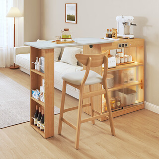 Zhiguang japanese slate bar table sideboard partition integrated living room solid wood retractable dining table small apartment wine cabinet storage fruit wood color bar cabinet + retractable table + bar chair *1