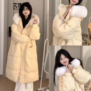Aizhuer women's winter korean mid-length fur collar coat, loose thickened warm cotton jacket, trendy goose yellow m (recommended 105-120 jin jin equals 0.5 kg)