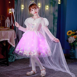 Frozen elsa princess dress autumn and winter plus velvet long sleeve luminous skirt elsa birthday children's mesh dress elsa pink skirt + gauze + light 100y
