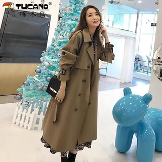 Woodpecker (tucano) windbreaker jacket for women mid-length spring wear 2025 new fall knee-length temperament goddess fan yinglun style jacket green coffee color lining double layer l l recommended 115 to 130 jin jin equals 0.5 kg