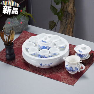 Chaoshan kung fu tea set with tea tray, household round ceramic white porcelain teapot and cup modern simple small set 10-inch blue and white luxury set