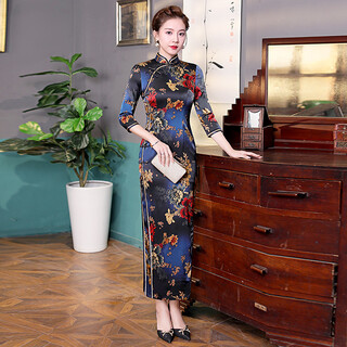 Should the cheongsam be retro, noble, chinese style, autumn, high-end silk cheongsam, old shanghai elegant long mid-sleeve everyday cheongsam, blue xl