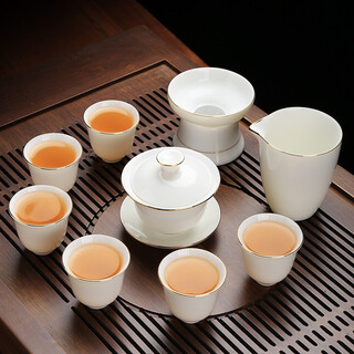 Jieyi mutton-fat jade kung fu tea set teacup set ceramic home living room teacup dehua high-end white porcelain tureen gift box 10 mutton-fat jade tureen set gold tracing