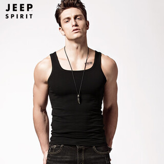 JEEP SPIRIT方领背心男款纯棉内穿打底平领汗衫工字弹力运动健身紧身跨栏坎肩 黑色 M 170 100-120斤