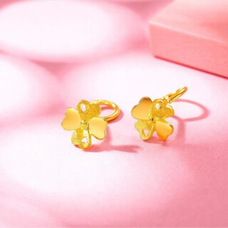 Cologne hong kong real gold 999 earrings real gold love four-leaf clover earrings 18k gold ear hook earrings women's series gift curved four-leaf clover earrings
