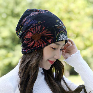 Makayami hat women's spring and autumn korean version multi-purpose headscarf hat bag head hat winter pullover hat neck cover hat printed pile hat ear protection hat black sunflower one piece enlarged