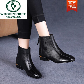 Woodpecker flat soft leather short boots for women with velvet and thickened spring and autumn single boots winter style medium heel genuine leather shoes martin boots for women black single lining 38