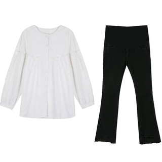 Jingqi maternity clothing spring and autumn suit nursing top shirt covering buttocks and belly support maternity pants two-piece set maternity clothes spring and summer white top + black belly support pants jtz46162 l