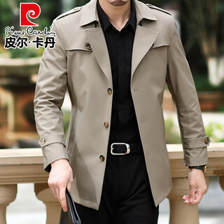 Pierre cardin boutique mid-length windbreaker for young and middle-aged men, spring and autumn business casual dad wear, fashionable and handsome jacket lapel coat, khaki xl 180