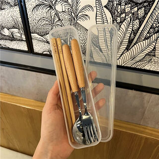 Xu nian stainless steel tableware set, chopsticks, spoons and forks, three-piece set for one person, student, adult, office worker, portable tableware, round wooden column, spoon + fork + chopsticks + box