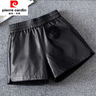 Pierre cardin brand haining sheepskin shorts women's 2025 spring and autumn new leather pants elastic waist a-line wide-leg pants fashion boot pants 9916# black m 27
