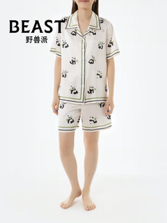 野兽派熊猫噗噗印花22姆米真丝情侣睡衣短袖短裤家居服生 女士 S
