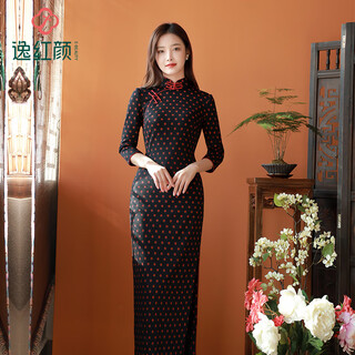 E.beauty fenghua 2025 autumn new stretch knitted polka dot old pictorial daily cheongsam women's navy long style l