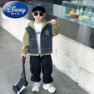 Disney (disney) coat children's spring and autumn denim boys' children's clothing new baby tops children's hooded two-piece splicing black 140