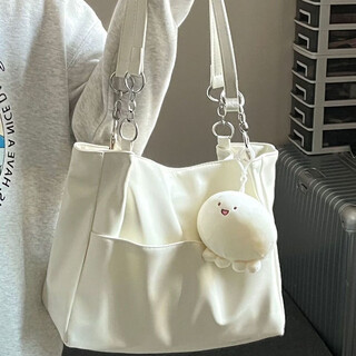 QUEENJOY高级感百搭女2024七夕斜挎手提通勤托特包大容量学生上课单肩包潮 米白色+章鱼肉团挂件