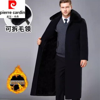 Pierre cardin 2026 autumn and winter middle-aged and elderly coats men's mid-length over-the-knee dad's wear plush thickened woolen windbreaker extra long/black woolen + fur collar plus m 170 90-110jin jin is equal to 0.5 kg