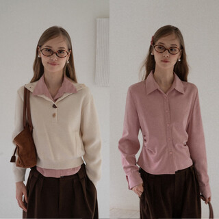 Eggka pink pleated design long-sleeved shirt layered with waist and temperament short top e25a60131bk pink s