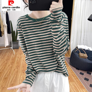 Pierre cardin pure cotton green striped long-sleeved t-shirt for women 2025 autumn loose age-reducing top round neck retro slimming bottoming shirt green l 105-115jin jin is equal to 0.5 kg