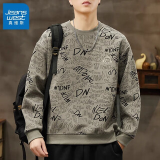 Jeanswest round neck sweatshirt for men in autumn and winter, american retro trendy brand printed casual tops for men, fashionable and versatile long-sleeved t-shirts for men, dark gray green xl (recommended 125-140 jin jin equals 0.5 kg)