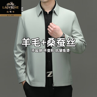 Classic car wool mulberry silk jacket spring and autumn new men's high-end middle-aged and elderly business casual non-ironing business executive jacket 8506 style lapel zipper light green diagonal pocket 175 yards recommended 120-140 jin jin equals 0.5 kg