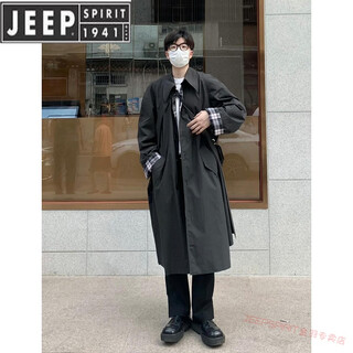JEEP SPIRIT德系巴尔马肯风衣外套男中长款韩系感克苏鲁文职大衣秋 黑色 M