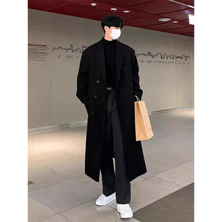 Digada woolen coat men's autumn and winter mid-length over-the-knee suit collar british windbreaker jacket ins trend elsj-e112 black l
