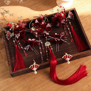 Wanbaozi bridal jewelry chinese xiuhe clothing headwear ancient style red velvet flower tassel wedding jewelry toast clothing accessories red five-piece set headwear + ear clips