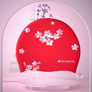 Reyao swimming cap for women, waterproof and non-constricting, special for long hair, fashionable plus size ear protection silicone swimming cap, swimming goggle set for women, cherry blossom red silicone swimming cap, special for long hair