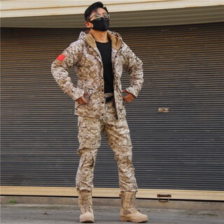 Tuo lang autumn and winter outdoor camouflage suit for men and women, construction site security plus velvet cotton coat, windbreaker, fishing and cold protection for mountaineering, sand color, new g8 cotton coat + frog pants, l/34 size (145-160jin jin equals 0.5kg)