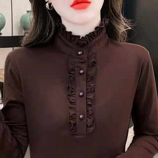 Aijiapin de velvet bottoming shirt for women 2025 autumn and winter new style fungus edge stand collar plus velvet warm slim inner top for women trendy brown double-sided velvet 3xl recommended 130-145 jin jin equals 0.5 kg
