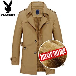Playboy cotton men's windbreaker mid-length spring and autumn large size short work jacket top coat plush jacket dark khaki plush xl