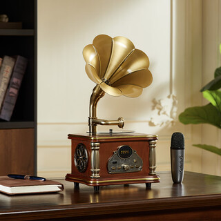 Otieno antique vinyl phonograph decoration mini rechargeable bluetooth speaker retro birthday gift home ornament microphone version brown plug-in rechargeable free music usb disk