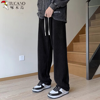 Woodpecker (tucano) straight-leg casual pants for men, autumn and winter, american drape, iron-free wide-leg pants, solid color sports loose, velvet and thickened men's pants, black 4xl