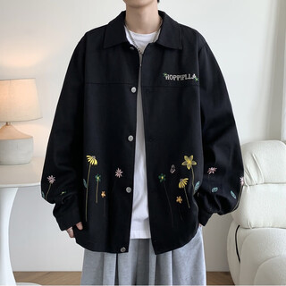 New or mode american casual shirt jacket men's fashion trendy brand loose large size clothes embroidered design new jacket men black xl