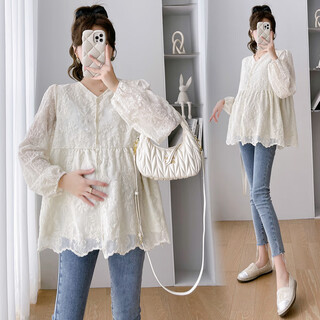 Maternity wear spring and autumn v-neck embroidered maternity shirt long-sleeved loose autumn top belly-covering baby doll bottoming t-shirt apricot m