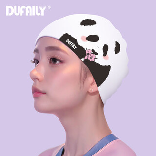 DUFAILY泳帽女新款熊猫印花抗氯防水加大护耳舒适不勒头游泳镜套装 熊猫-花花（65g长发专用）