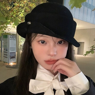 Wool hat women's autumn and winter french hepburn style black basin hat temperament high-end hat trendy curly stewardess hat black one size adjustable small