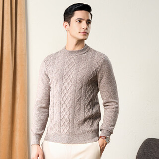 Chunzhu wool sweater men's round neck spring 100% pure wool warm knitted sweater young and middle-aged wool sweater light coffee l (110cm)