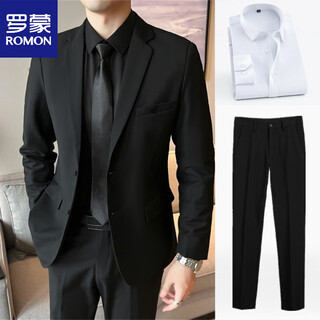 Romon suit jacket men's slim suit casual business professional formal wear handsome groomsman suit two-piece black suit+pants+white shirt+tie xl