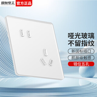 国际电工哑光开关插座86型白色超薄肤感墙壁暗装钢化玻璃单双控一开五孔 斜五孔插座【哑光钢化玻璃】