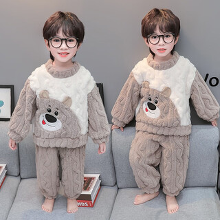 Kexin baby boy autumn and winter coral velvet pajamas split set baby children boy flannel home clothes winter pullover bear gray size 90 recommended 1-2 years old (height around 85)