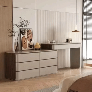 Oppeju dressing table storage cabinet drawer cabinet integrated bedroom bedside dressing table simple and medium all solid wood khaki + walnut color on the sides 120 drawer cabinet + 120 dressing table + round mirror + stool