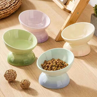 Shantou lincun ceramic pet bowl, large diameter cat bowl, cervical vertebra protection, kitten rice bowl, water bowl, slightly defective cat food bowl, slanted mouth, high legs, three packs (random colors