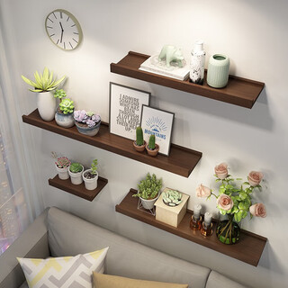 Aibiju solid wood partition wall storage rack wall punch-free one-word shelf storage rack 60*10cm walnut color