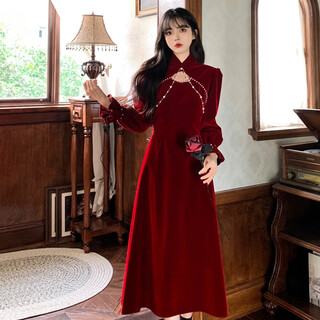 Yiou cheongsam toast wear bridal autumn and winter engagement evening dress skirt for women red chinese velvet feel autumn and winter 3507 red s
