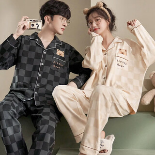 Bo na ling couple pajamas for one man and one woman, summer and autumn cardigan long-sleeved trousers, casual men and women can wear pajamas, home clothes set, couple pajamas bear style, men's xl